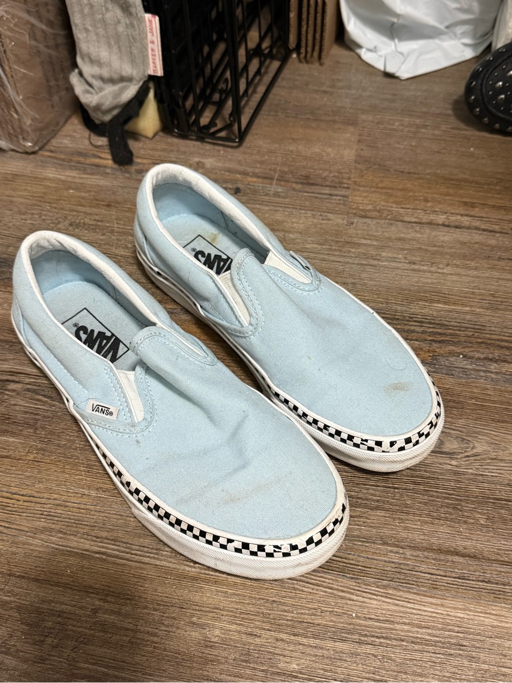Vans Kids Slip-On Sneakers in Light Blue with Checkerboard Trim